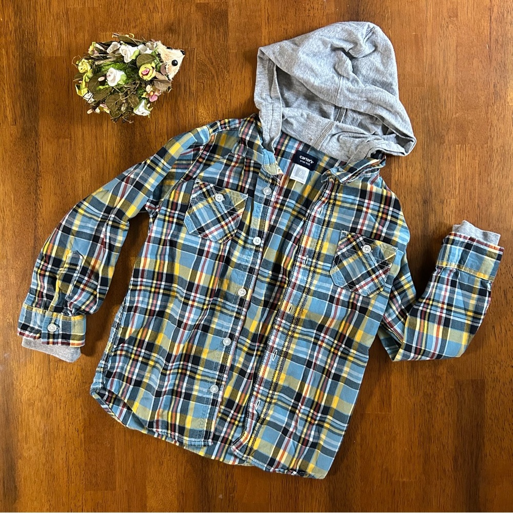 Plaid Hooded Button-Down Shirt Jacket | Boy Size 6 | Blue Yellow Gray | Carter’s